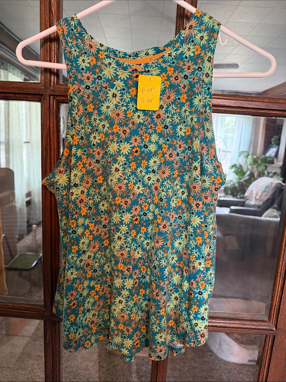 Secret Treasures Womens Floral Daisy Cotton Tank Top Teal Orange S Retro Hippie